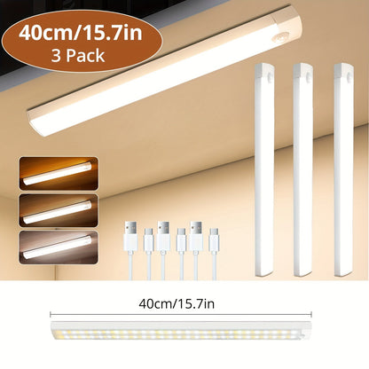 Motion Sensor Cabinet Light 3-Pack – 3-Color Temperature Dimmable Under Counter Closet Light, Wireless Magnetic USB Rechargeable for Kitchen, Wardrobe, Stairs, Hallway & Vanity (11cm / 20cm / 40cm)
