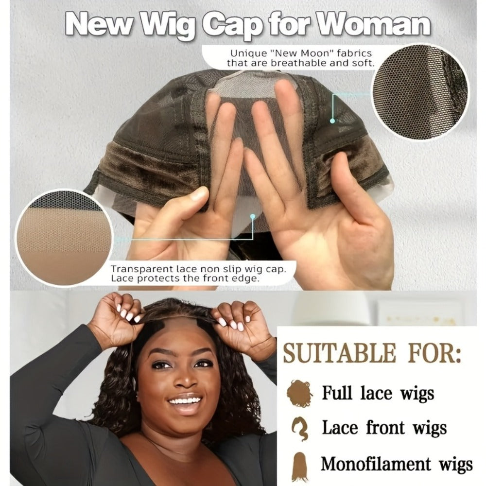 Wide Lace Wig Grip Caps, Two-Piece Set with Ear Cutouts and Adjustable Straps in Brown, Black or Beige