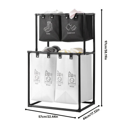 Laundry Sorter 2 Compartment Hamper – 2-Tier Metal Frame Laundry Hamper with Handles, Breathable Mesh Bags & Cable Ties – Space-Saving Clothes Organizer for Home, Bedroom & Apartment