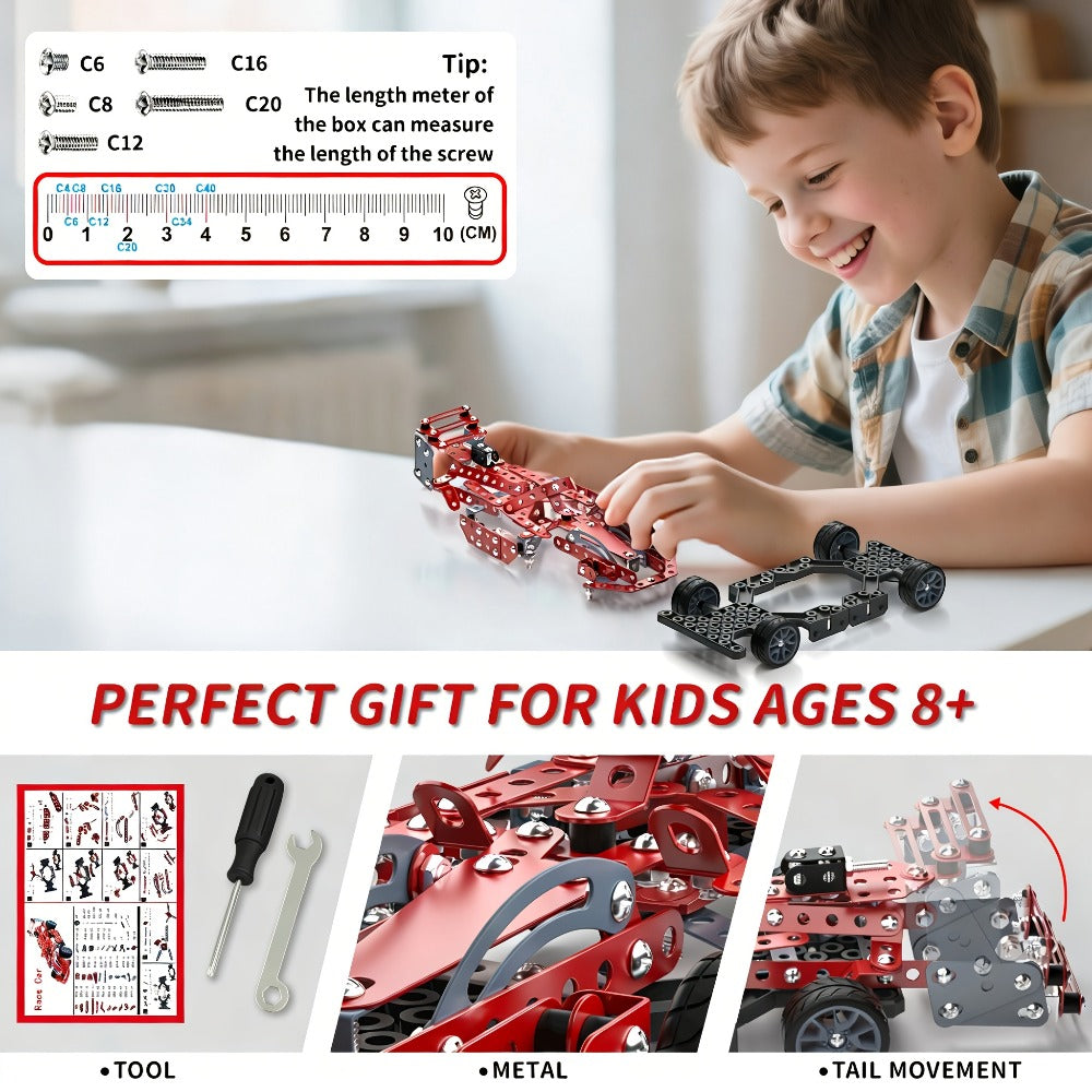 STEM Building Kit Model Car 283-287 Pcs Motorized Assembly Vehicle Toy with All-Terrain Tires & Openable Hood – Construction Toy for Boys Kids Ages 6+, Birthday Christmas Gift Red Green