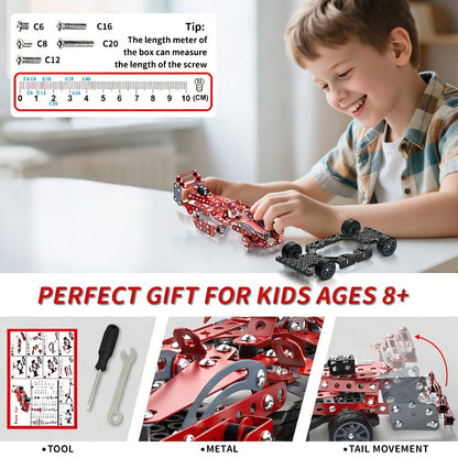 STEM Building Kit Model Car 283-287 Pcs Motorized Assembly Vehicle Toy with All-Terrain Tires & Openable Hood – Construction Toy for Boys Kids Ages 6+, Birthday Christmas Gift Red Green