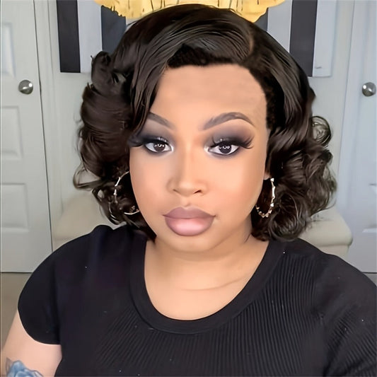 Synthetic Wig 4-Inch Dark Brown Body-Wave Pixie Bob with Four Retained Color Options for Festival Looks