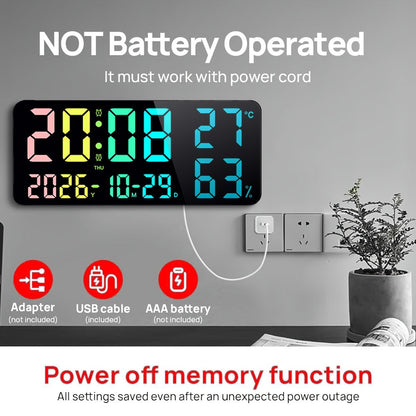 Digital Wall Clock 14.6 Inch Large LED Display with Remote Control - 12 RGB Color Modes, Dual Alarm, Night Light, Temperature, Humidity & Date | Smart Home Decor for Living Room, Bedroom & Elderly