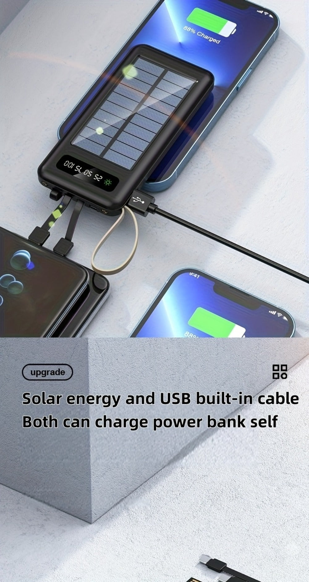 Solar Power Bank, 10000mAh to 30000mAh Charger with Built-In Cables, LED Light, Digital Display and 5W or 15W Options