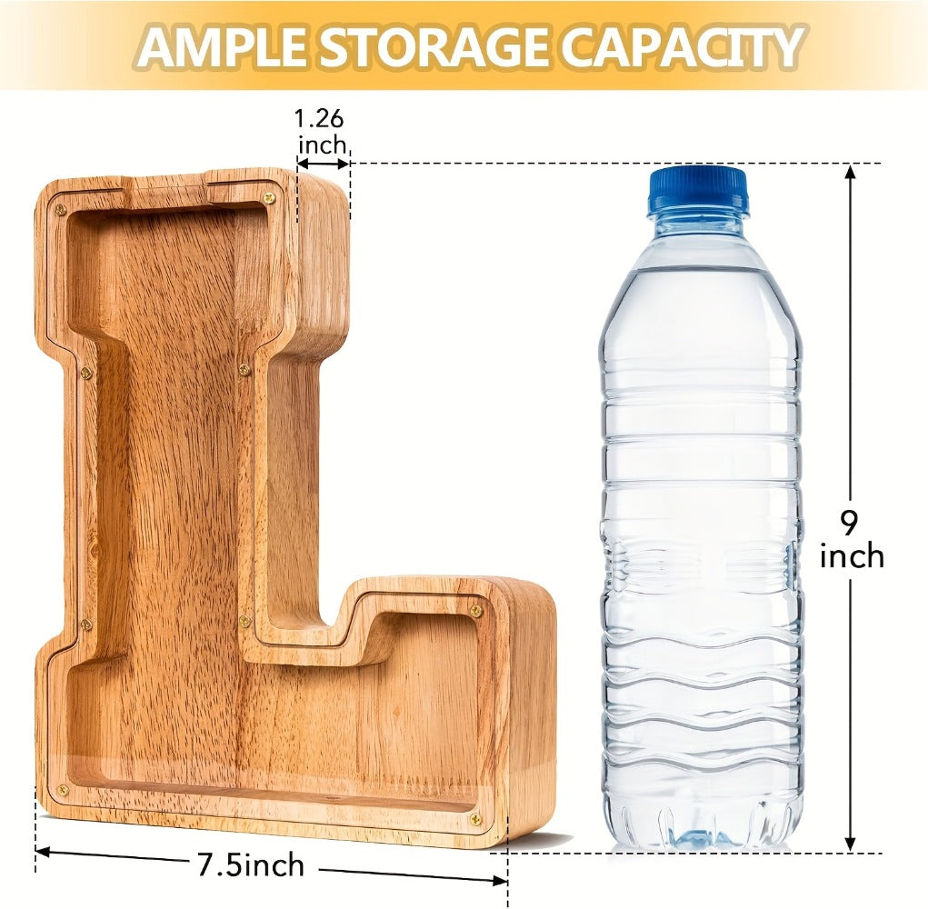 Wooden Alphabet Letter Coin Bank with Clear Front Panel and 23 Fixed Initial Options for Display