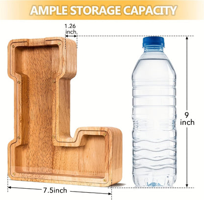 Wooden Alphabet Letter Coin Bank with Clear Front Panel and 23 Fixed Initial Options for Display