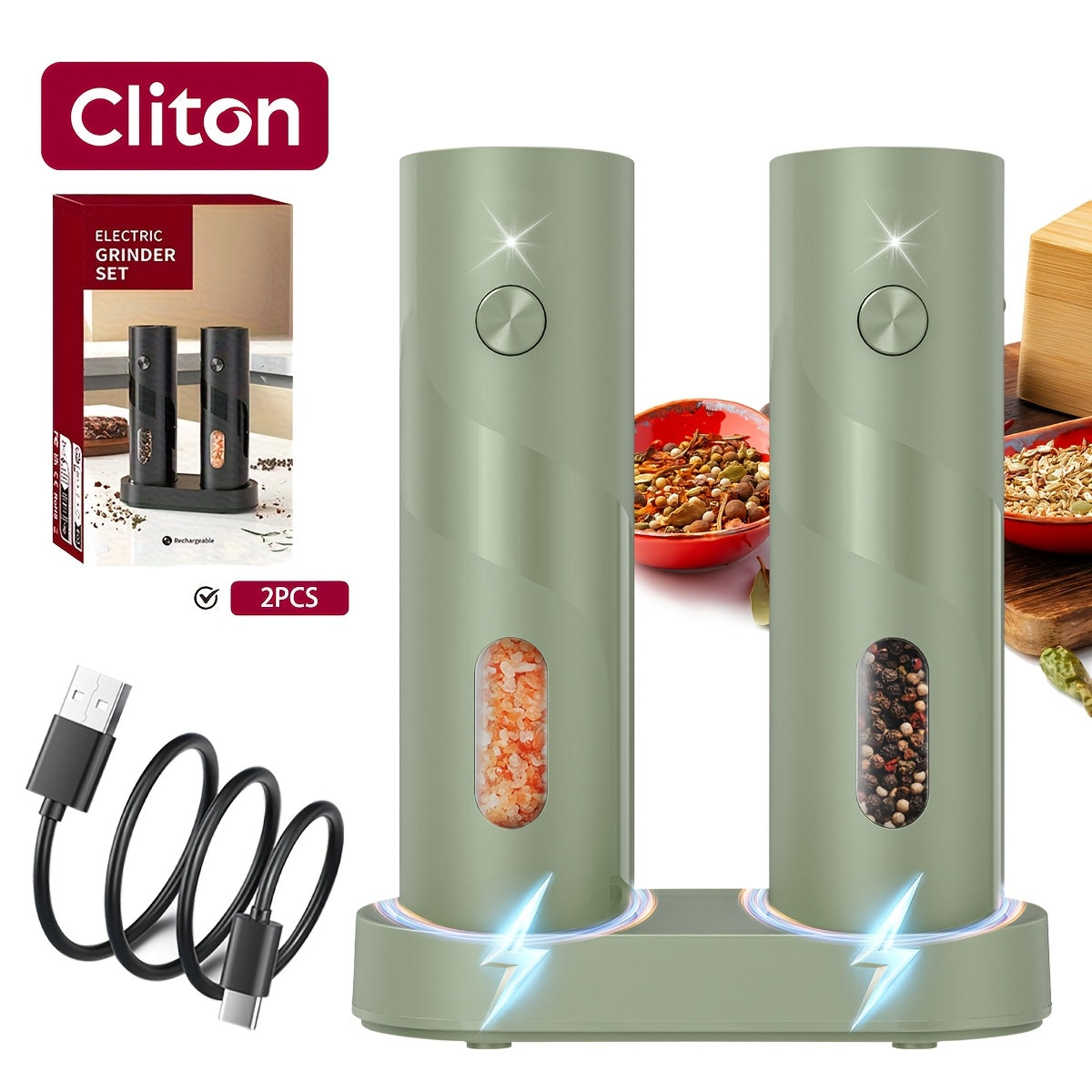 Electric Salt and Pepper Grinder Set with LED Light & Gravity Sensor – USB Rechargeable, Top-Fill, Large Capacity Automatic Spice Mill – 1 or 2 Pack Kitchen Gift Set