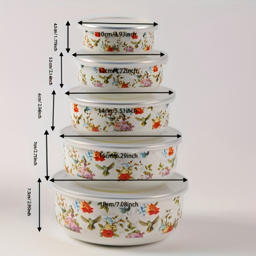Food Storage Containers Five-Piece Enamel Bowl Set with Lids for Refrigerator, Office and Camping Use