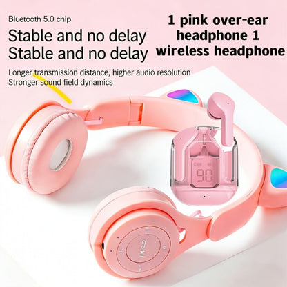 Cute Pink Cat Ear Headphones & Wireless Earbuds Gift Set Bundle LED Glowing Over-Ear for Bedside Audio, Alarms and Room Entertainment