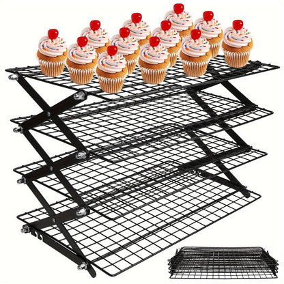 Foldable Cooling Rack for Baking, Stackable Wire Baking Rack with 4-Position Height Adjustment, Collapsible Metal Drying Rack for Cookies Cakes Bread, Camping Grill Rack