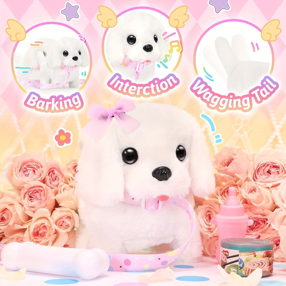 Plush Toy – White Electronic Puppy with Walking, Barking, Tail-Wagging Action, Leash and Bow