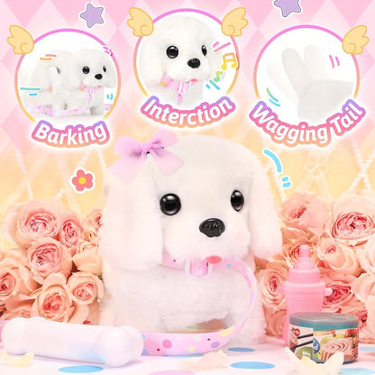 Plush Toy – White Electronic Puppy with Walking, Barking, Tail-Wagging Action, Leash and Bow