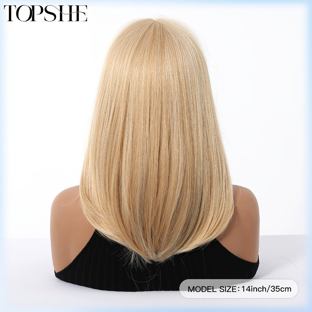 Synthetic Wig 14-Inch Golden Layered Straight Style with Full Bangs and Glueless Rose Net Cap