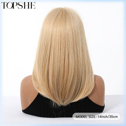 Synthetic Wig 14-Inch Golden Layered Straight Style with Full Bangs and Glueless Rose Net Cap