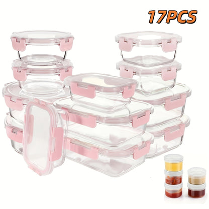 Food Storage Containers Borosilicate Glass Set with Locking Lids in 10-, 12- or 17-Piece Color Options