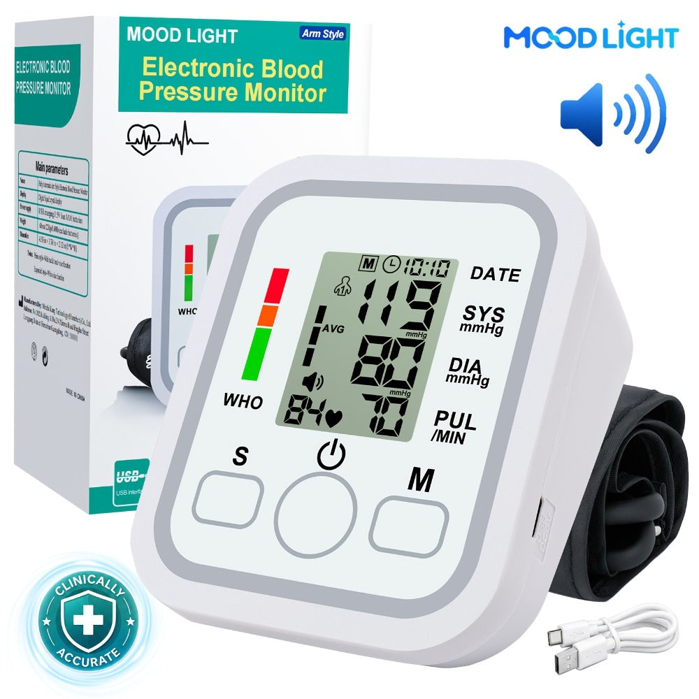 Blood Pressure Monitor by MOOD LIGHT, Upper-Arm LCD Device with Voice, Dual-User Memory and Adjustable Cuff