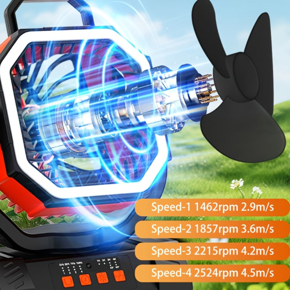 Camping Fan 20000mAh Tabletop and Hanging Fan with 4 Speeds, 13-59 Hour Labeled Runtime, LED Ring and Remote