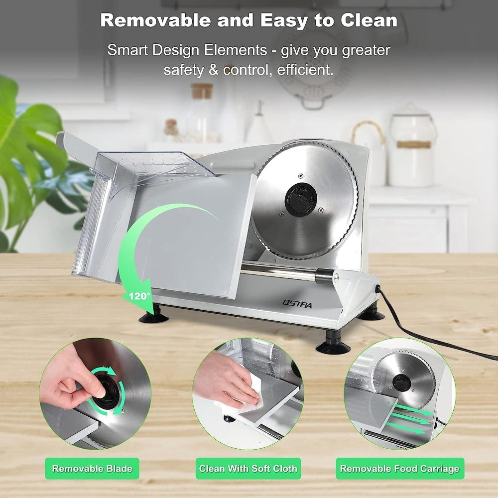 Electric Deli Food Slicer with Removable Stainless Steel Blades – Adjustable Thickness Meat Slicer for Home, Easy to Clean, Slices Cold Cuts, Cheese, Bread & Fruit