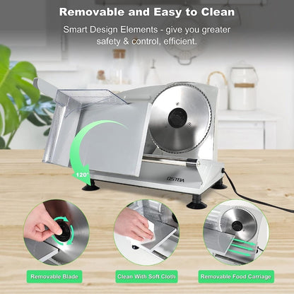 Electric Deli Food Slicer with Removable Stainless Steel Blades – Adjustable Thickness Meat Slicer for Home, Easy to Clean, Slices Cold Cuts, Cheese, Bread & Fruit
