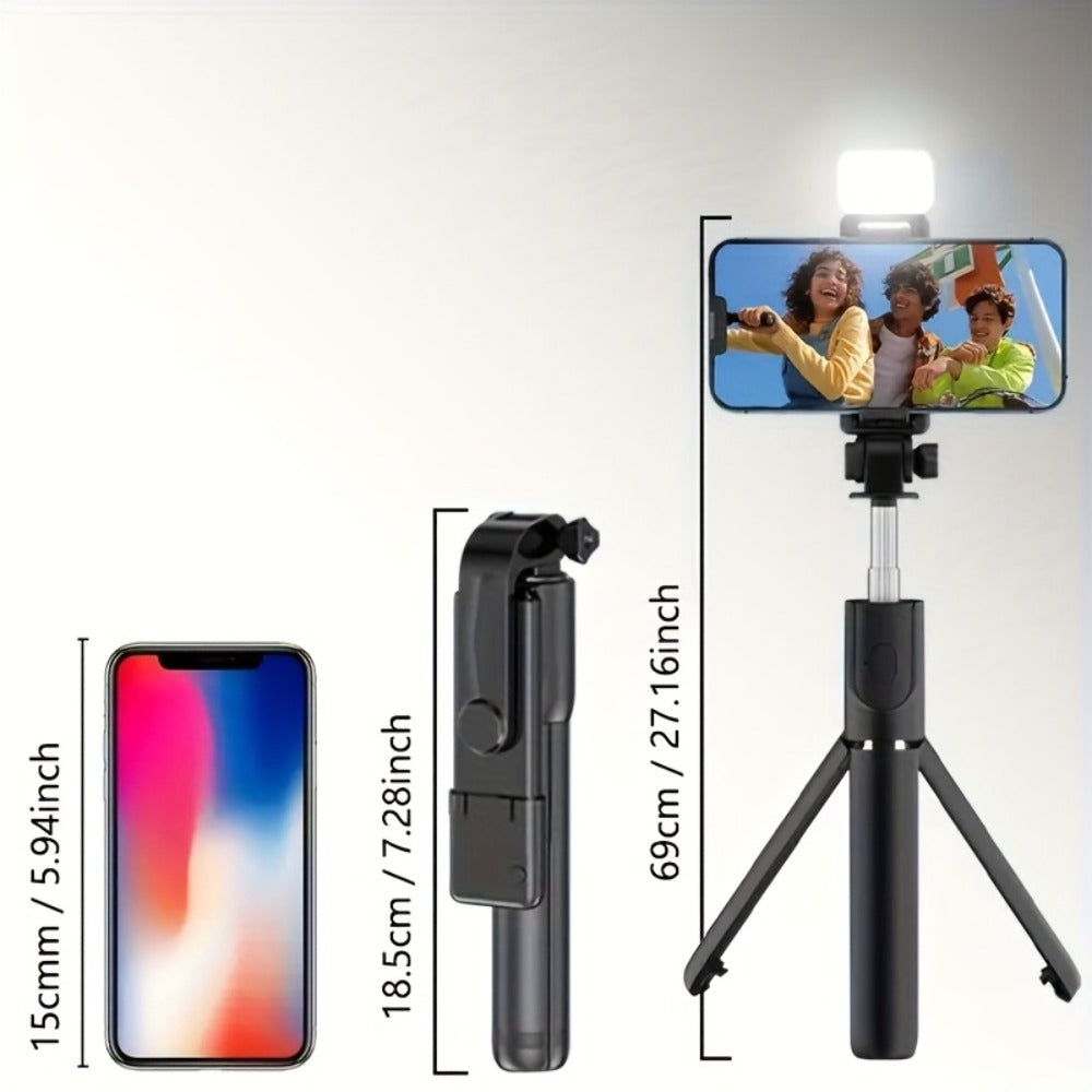 27.16-Inch Compact Selfie Stick Tripod with Integrated Light, Rotating Clamp, Remote and Two Colors