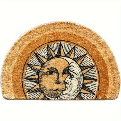 Celestial Sun and Moon Door Mat with Half-Round Shape, Warm Gold and Brown Artwork, 28 x 20 Inches