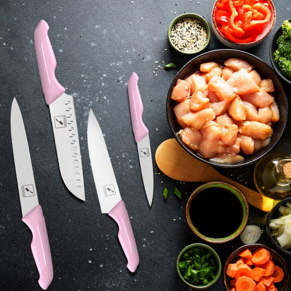 Kitchen Knife Set by imarku, 14-Piece Pink Stainless Steel Block with Six Steak Knives, Shears and Built-In Sharpener