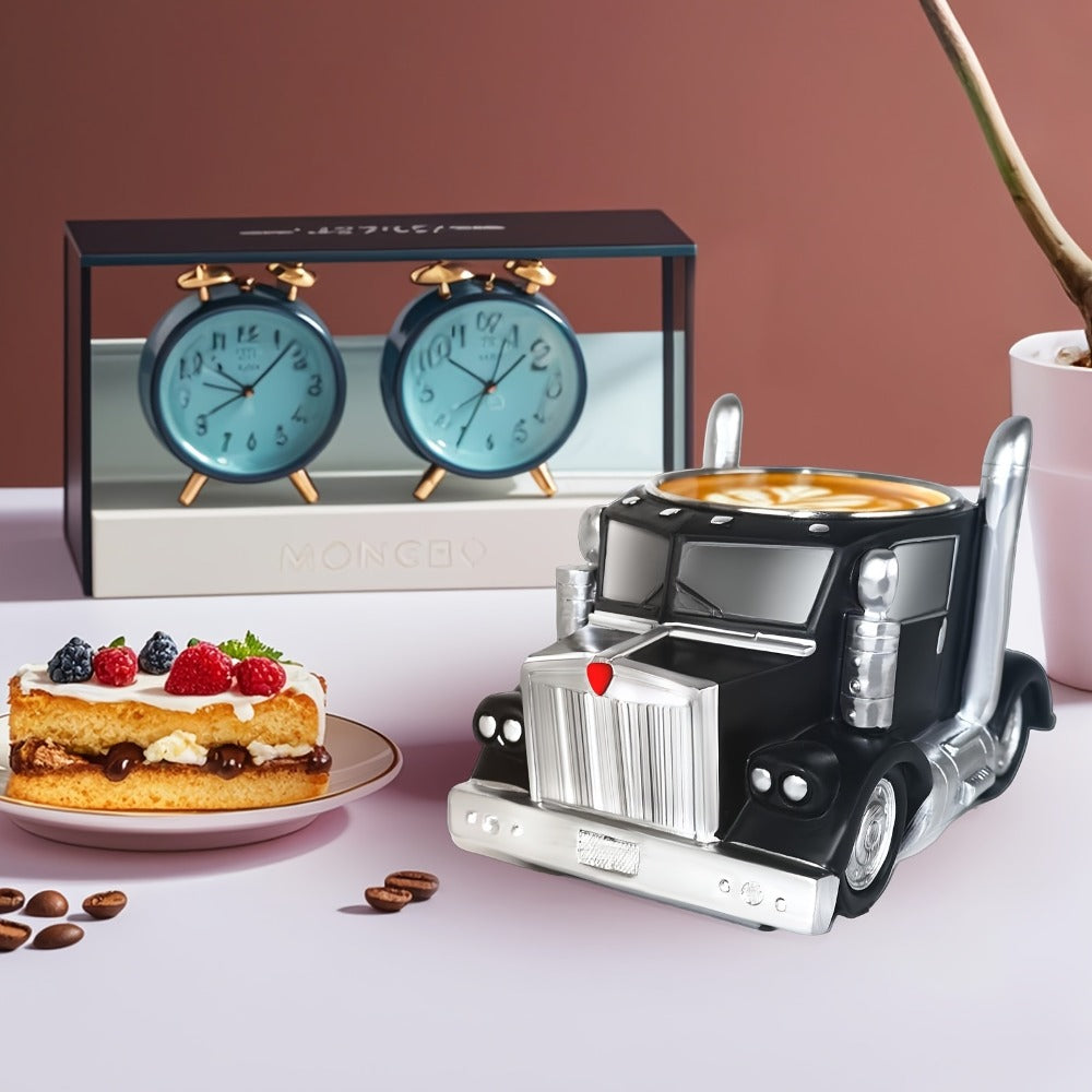Semi-Truck-Shaped Coffee Mug with Metal-Look Interior and Trim in Blue or Black Color Options