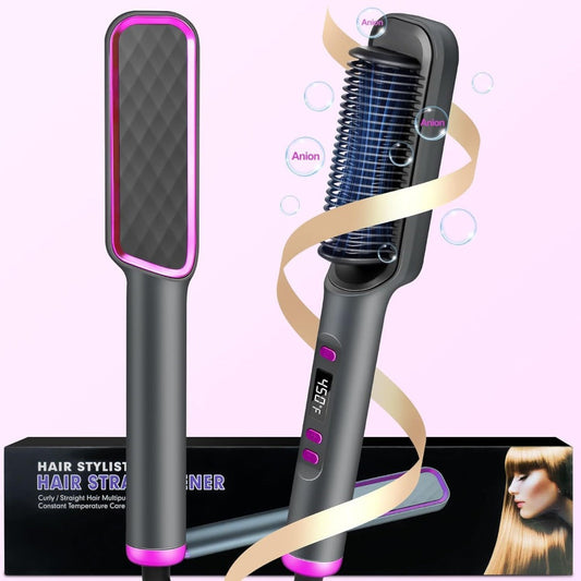 Hair Straightener Brush 10s Fast Heat – LCD Display 5 Temperature Flat Iron Comb Anti-Scald Straightening Brush for Women with 2 Clips & Comb – White, Grey, Champagne, Purple