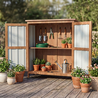 Metal Outdoor Storage Cabinets with Shelf-Equipped Tall or Low Models and 3 x 2 x 4.6 Ft Shed Option