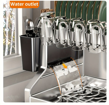 Stainless Steel Two-Tier Dish Drying Rack with Drainboard, Cup Holders, Utensil Caddy and Lid Rack