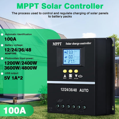 100A MPPT Solar Charge Controller with LCD Display Auto Tracking for 12V 24V 36V 48V Systems Lead-Acid Lithium LiFePO4 Batteries Off-Grid Solar RV Boat Camper