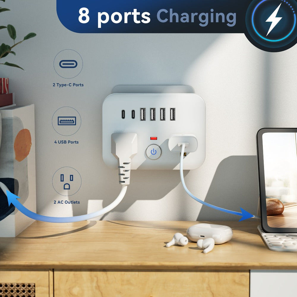 Surge Protector Power Strip 8-in-1 Mini Wall Adapter with 2 AC Outlets, 4 USB-A, 2 USB-C and One or Two-Pack Options