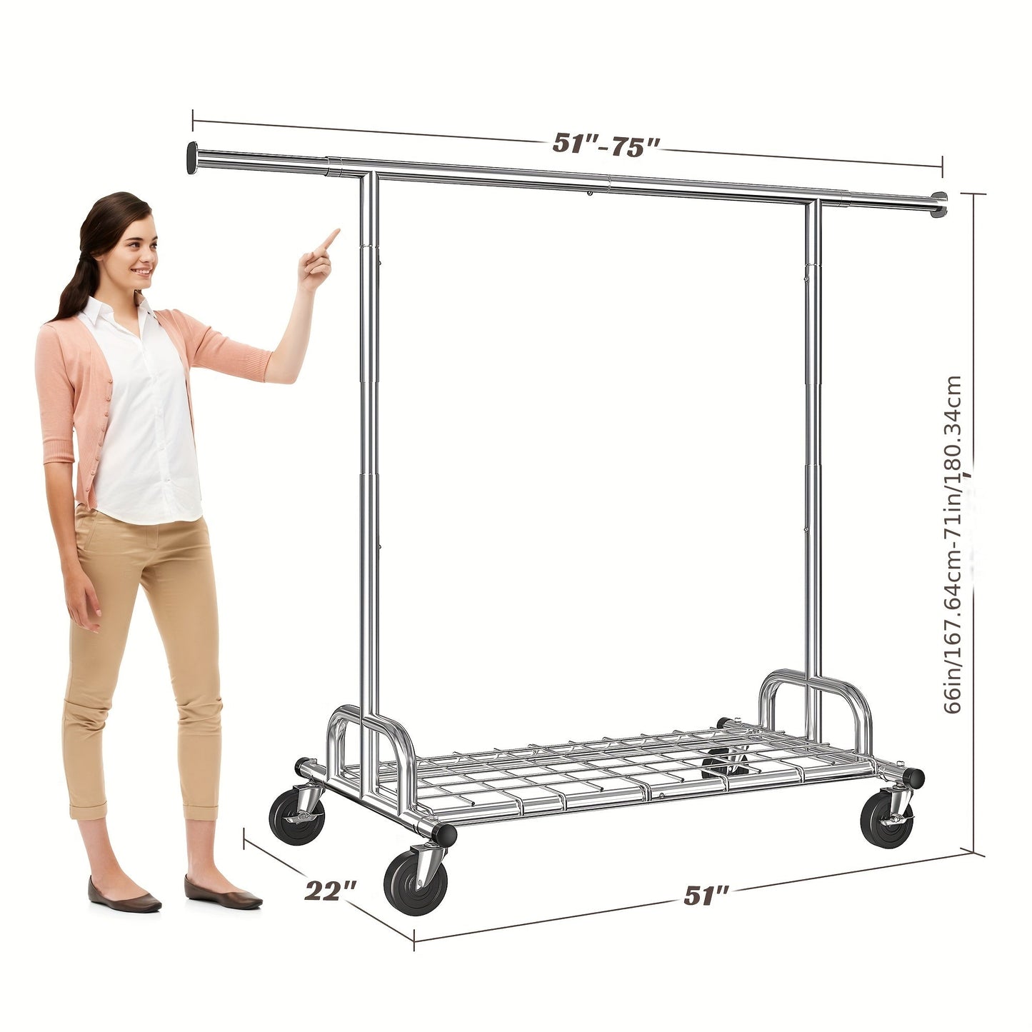 Adjustable Rolling Garment Rack with 51- to 75-Inch Top Bar, 70-Inch Height and 22-Inch Base