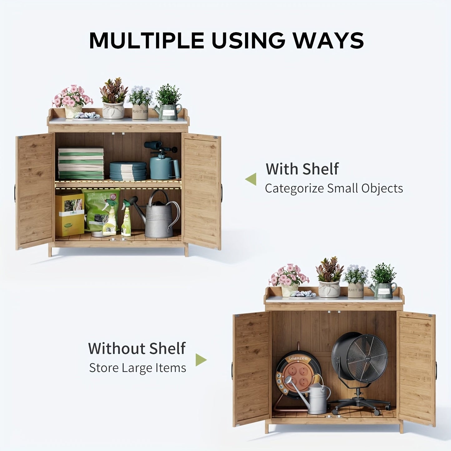 Wood Garden Potting Cabinet with Galvanized Metal Worktop, Double Doors and Removable Interior Shelf