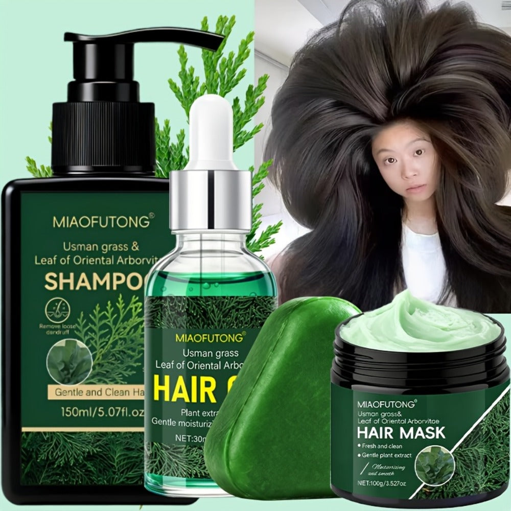 Four-Piece Usman Grass Hair Care Kit with 120g Shampoo Bar, Oil and Mask Container Formats