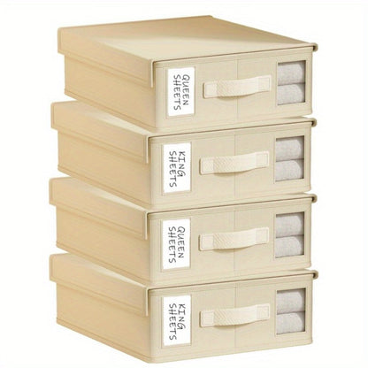 Bed Sheet Storage Organizer Boxes 4-Pack Foldable Fabric Bins with Clear Window & Label, Closet Bedding Storage Box for Sheets Duvet Covers Blankets Pillowcases, Oxford or Non-Woven, Grey Beige
