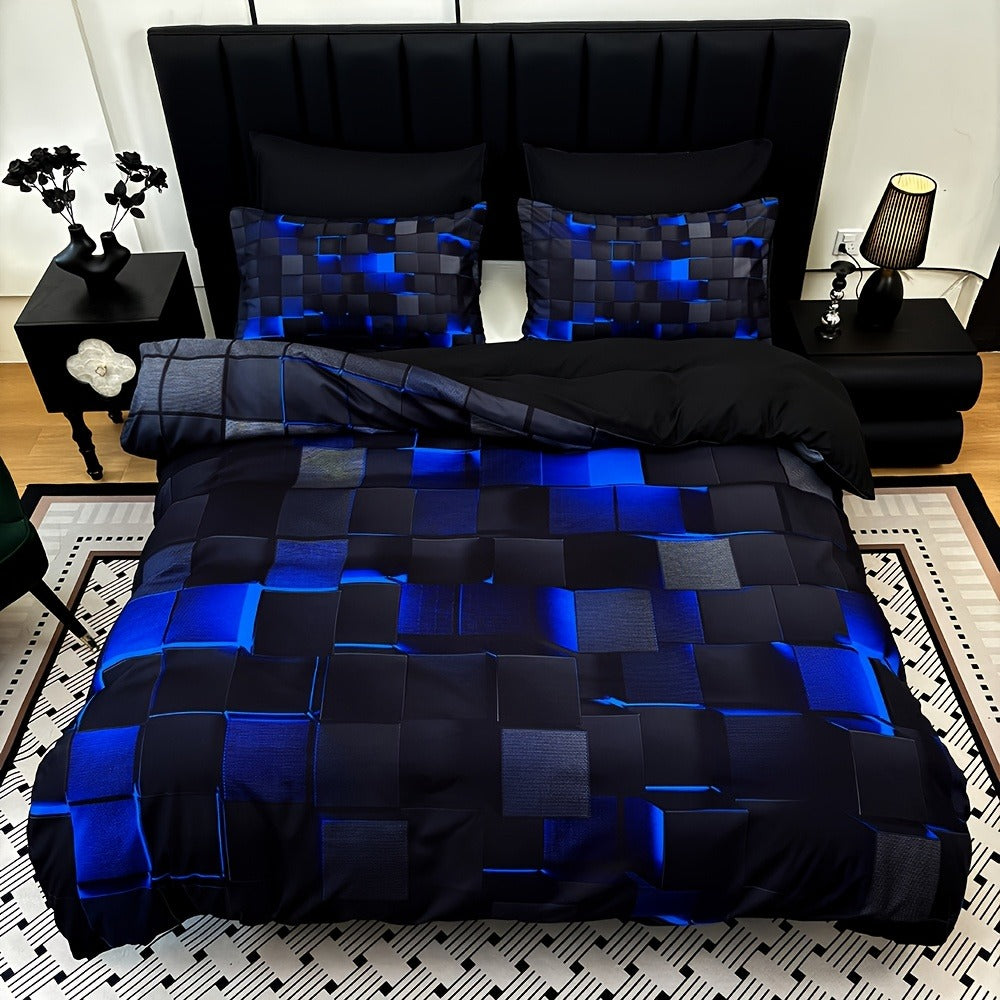Three-Piece Plaid Duvet Cover Set with Two Pillowcases in Five Colors and Four Bed Sizes for Home and Everyday Use