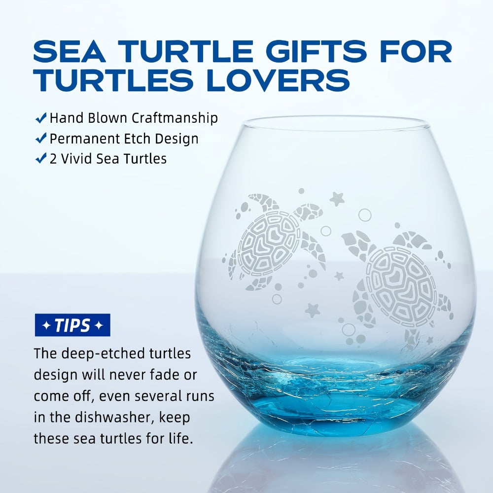 Sea Turtle Wine Glass Hand Etched Stemless 16oz Turquoise Crystal Glass Cup - Unique Wine Gifts for Women Ocean Beach Turtle Lovers Mom Wife - Sand Etched Art Gift Box Set for Birthday Christmas