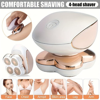 Women's Electric Shaver Full Body Hair Removal 4-Head 360° Rotating Wet Dry USB Rechargeable for Face Bikini Legs Arms Chest Underarms Travel-Friendly with Clipper Attachments