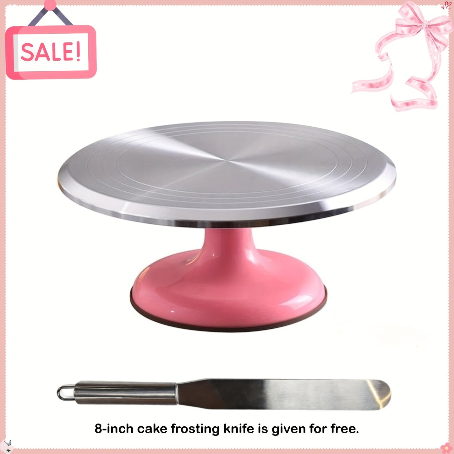 Cake Turntable Stand 10 Inch Aluminum 360 Degree Smooth Rotation with Frosting Spatula - Heavy Duty Rotating Cake Decorating Stand for Baking Birthday Wedding Holiday Desserts, Non-Slip Base Baking Supplies