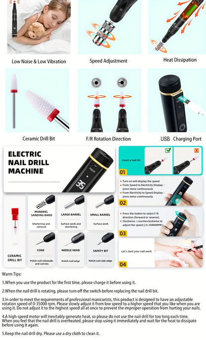 Nail Drill Machine 35000 RPM LCD Display Rechargeable Portable Electric Nail File with Forward Reverse Rotation Low Noise – Professional Nail Grinder for Gel Acrylic Natural Nails Manicure Pedicure Home Salon