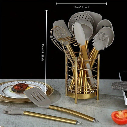 38-Piece Gold-Tone Silicone and Steel Kitchen Utensil Set with Holder, Measuring Tools and Accessories