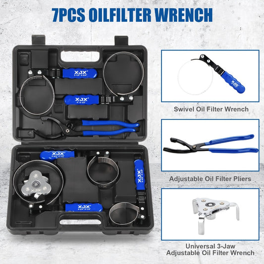 Oil Filter Wrench Set 7 Pcs – Swivel Oil Filter Removal Tool 2-3/8" to 5-1/4" (60-133mm), 12" Adjustable Pliers with 1/2" to 3/8" Adapter & Storage Case for Car & Truck Oil Change
