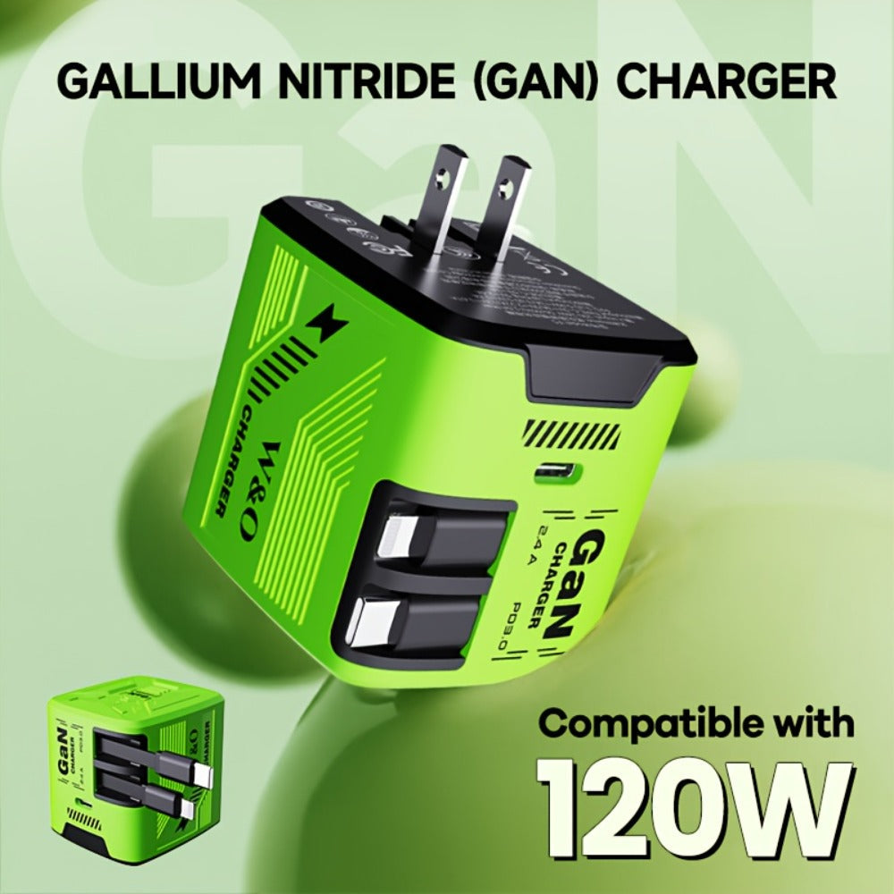Dual Cable GaN Charger 120W with Built-In 47in Type-C & Lightning Retractable Cables, Foldable Plug – Tangle-Free Fast Charging USB-C Wall Adapter for iPhone 16 15 14 Pro Max, Samsung Galaxy S25 S24