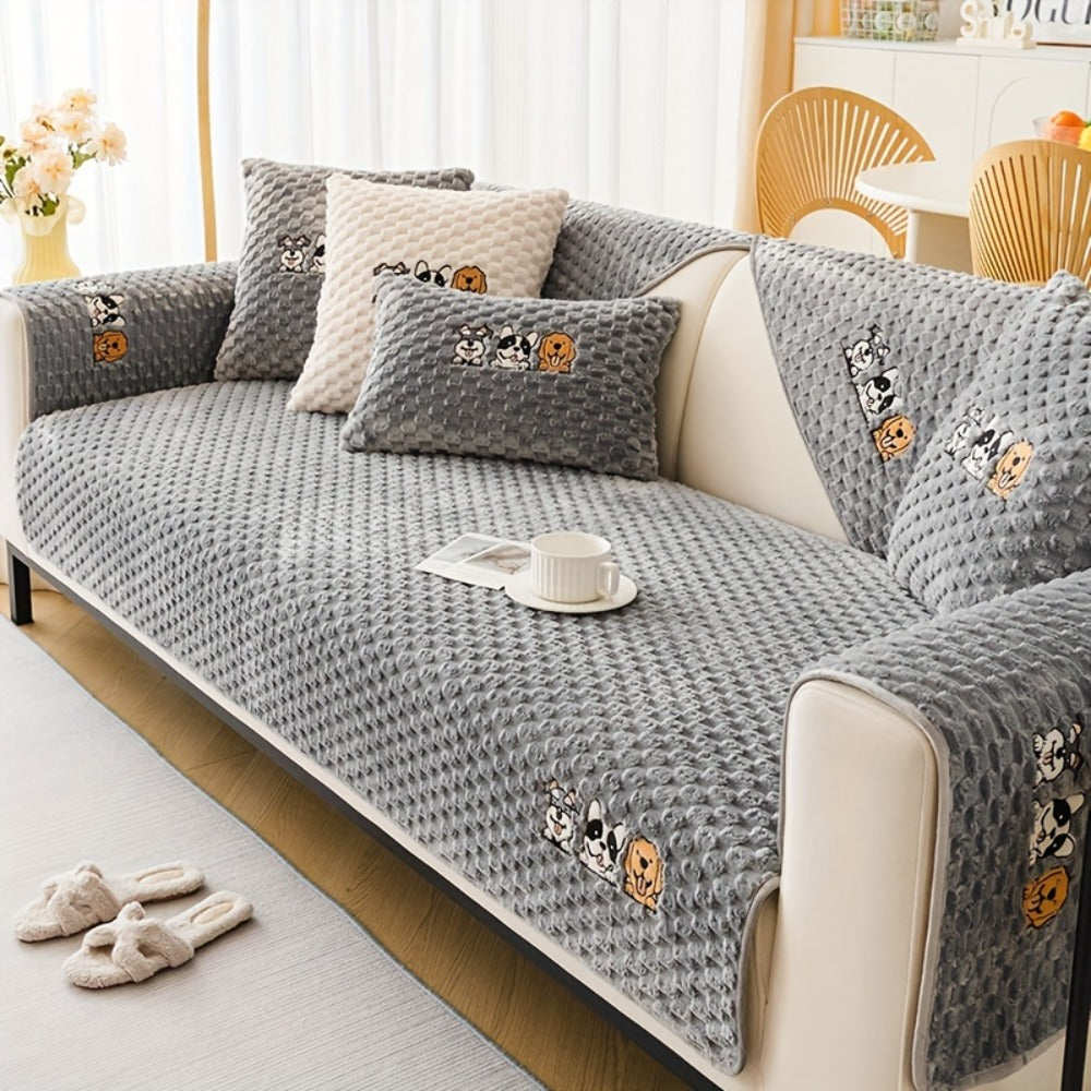 Sofa Cover, Honeycomb Velvet Animal-Embroidered Couch Pad with Non-Slip Backing in Three Colors