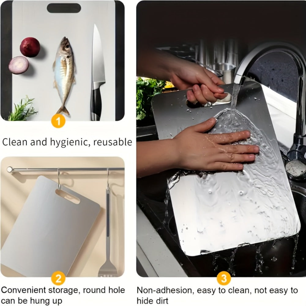 Cutting Board Three-Piece Stainless Steel Set with Rounded Corners, Carry Handles and Three Sizes