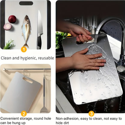 Cutting Board Three-Piece Stainless Steel Set with Rounded Corners, Carry Handles and Three Sizes