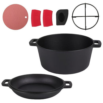 Cast Iron Dutch Oven Set 5.1QT & 7QT with Skillet Lid – Pre-Seasoned 2-in-1 Cookware for Stovetop, Induction, Oven, Campfire & BBQ, Sourdough Bread Baking, Frying, Camping