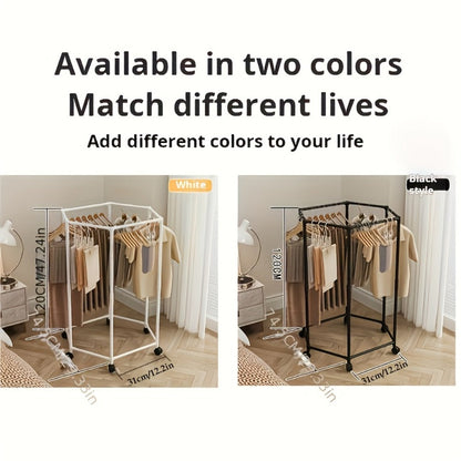 Rotating Hexagonal Garment Rack with Six-Sided Hanging Frame, Casters and Black or White Mesh-Bag Options