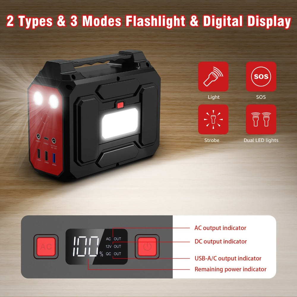 Portable Power Station 256Wh 300W Compact Unit with AC, DC, USB Outputs and Multi-Mode LED Light